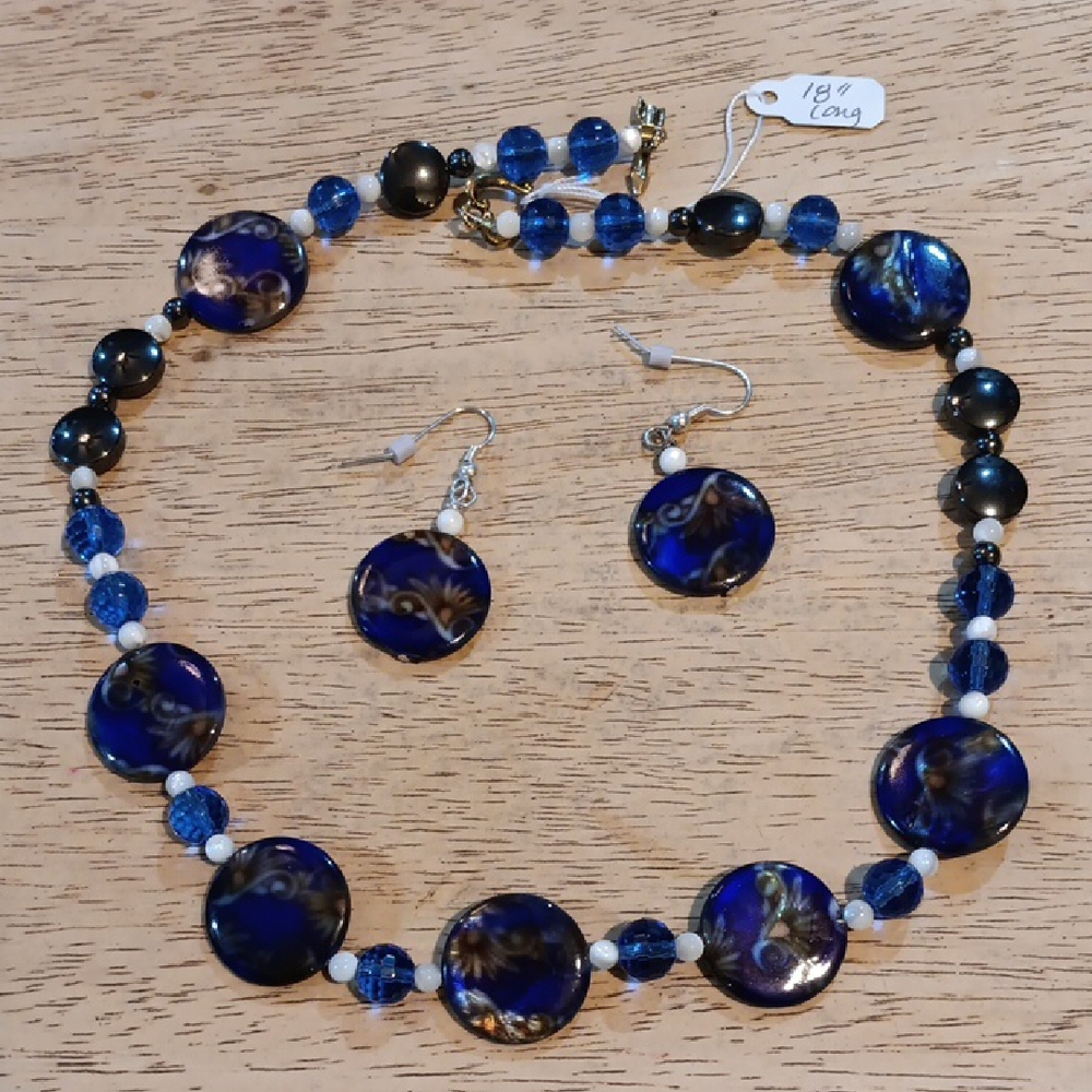 Handmade Blue Beaded Necklace and Earring Set